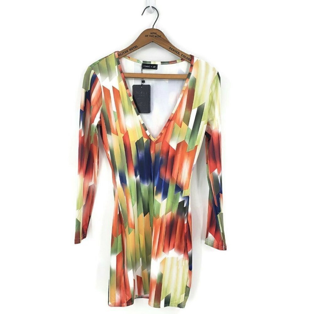 New Femme X MB Bodycon Dress Womens S/M? Deep V Long Sleeve
